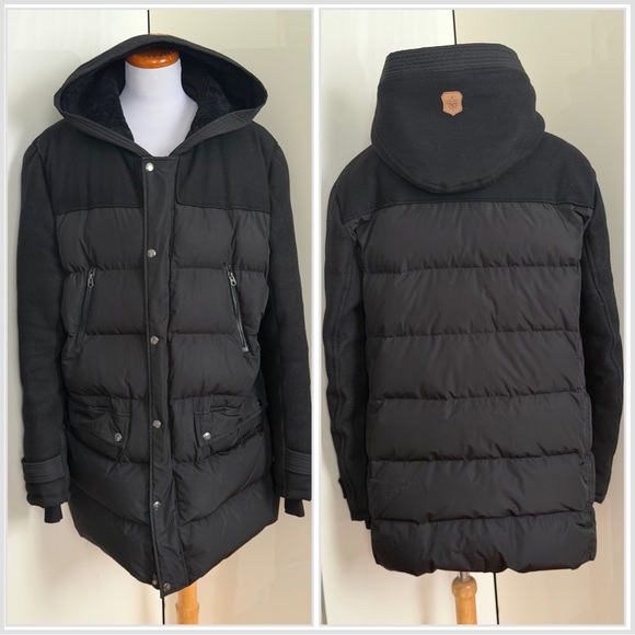 Mackage Wool Down Filled Leather Trim Parka Jacket Coat Shearling Hood sz 46 3XL